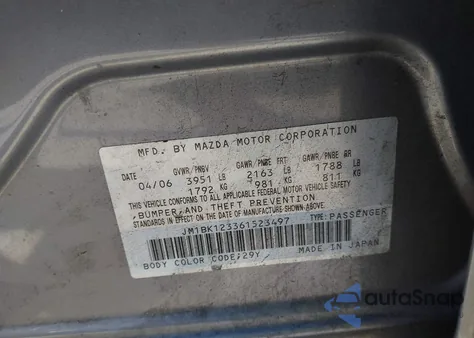 2006 Mazda Mazda3 S z USA, uszkodzony, nr VIN JM1BK123361523497